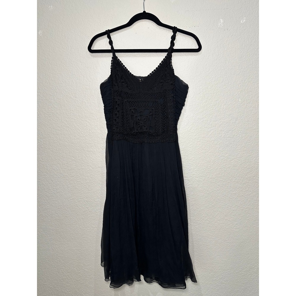 Max Studio Special Edition Black 100% Silk Crochet Lace Pleated Mini Dress L